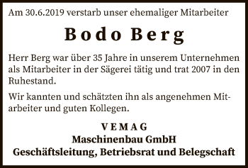 Traueranzeige von Bodo Berg von SYK