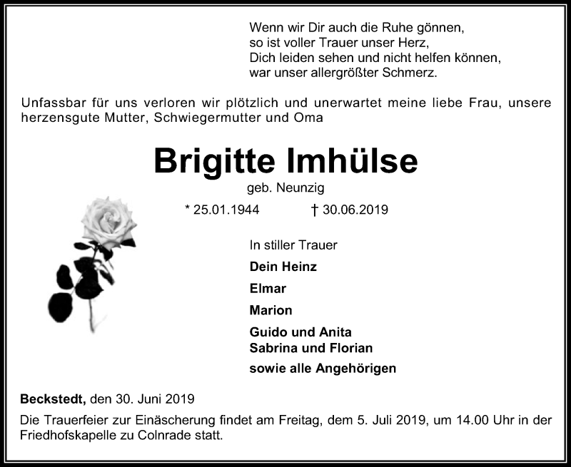  Traueranzeige für Brigitte Imhülse vom 03.07.2019 aus SYK