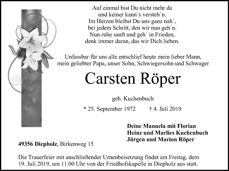  Traueranzeige für Carsten Röper vom 12.07.2019 aus SYK