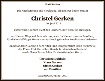 Traueranzeige von Christel Gerken von SYK