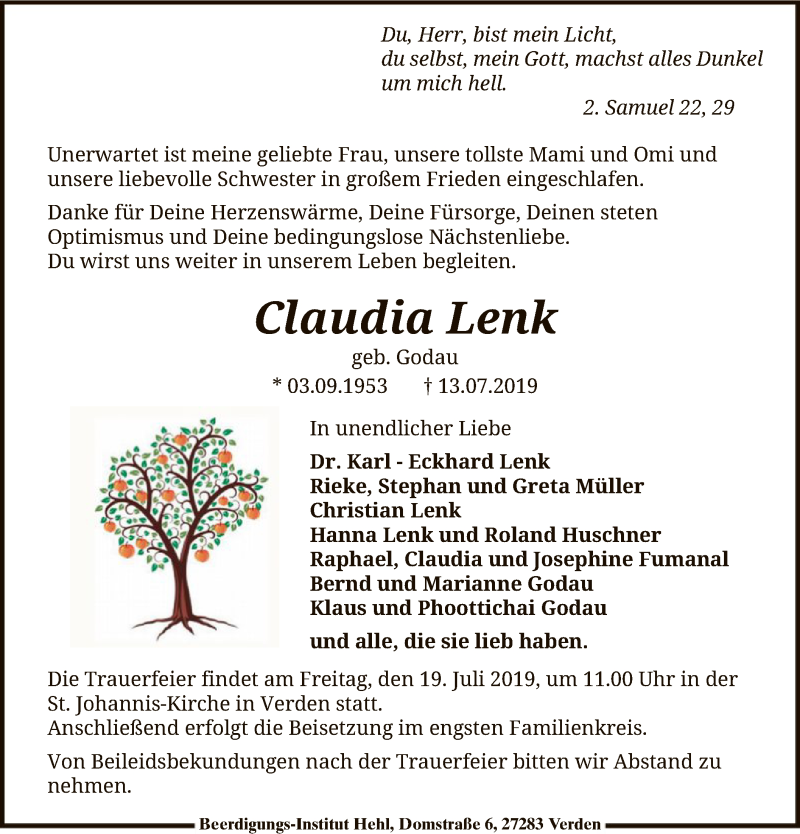  Traueranzeige für Claudia Lenk vom 16.07.2019 aus SYK