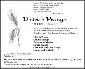 Traueranzeige von Dietrich Prange von SYK