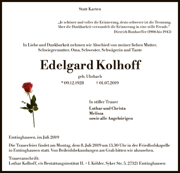 Traueranzeige von Edelgard Kolhoff von SYK