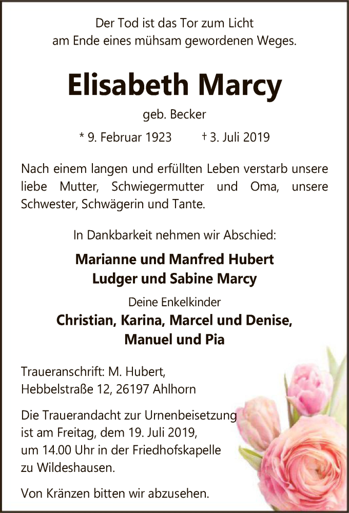  Traueranzeige für Elisabeth Marcy vom 06.07.2019 aus SYK