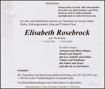 Traueranzeige von Elisabeth Rosebrock von SYK