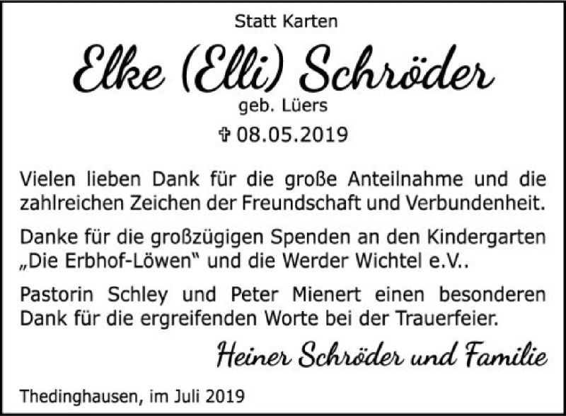  Traueranzeige für Elke Schröder vom 13.07.2019 aus SYK