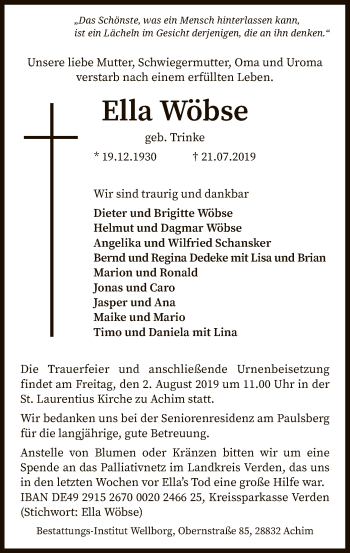 Traueranzeige von Ella Wöbse von SYK