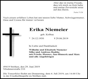 Traueranzeige von Erika Niemeier von SYK