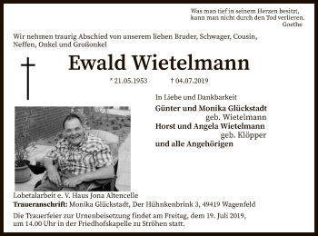 Traueranzeige von Ewald Wietelmann von SYK