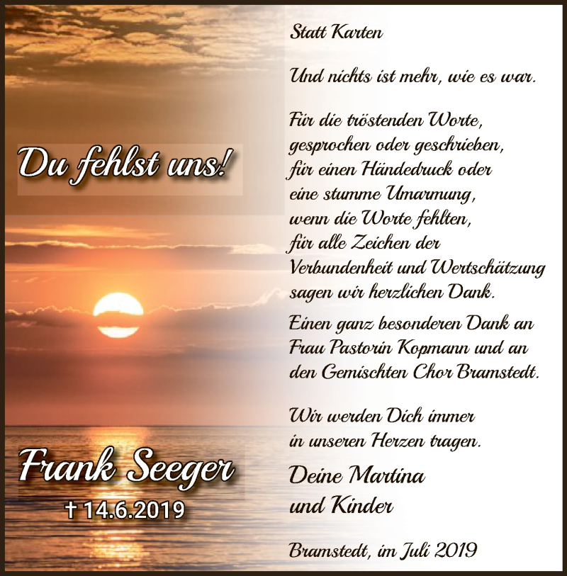  Traueranzeige für Frank Seeger vom 20.07.2019 aus SYK