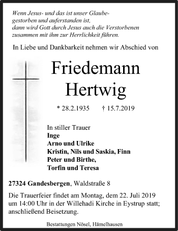 Traueranzeige von Friedemann Hertwig von SYK