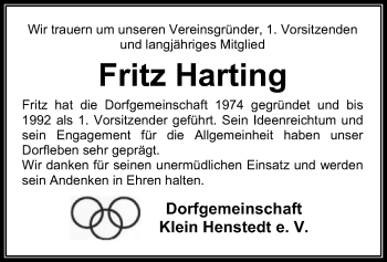 Traueranzeige von Fritz Harting von SYK