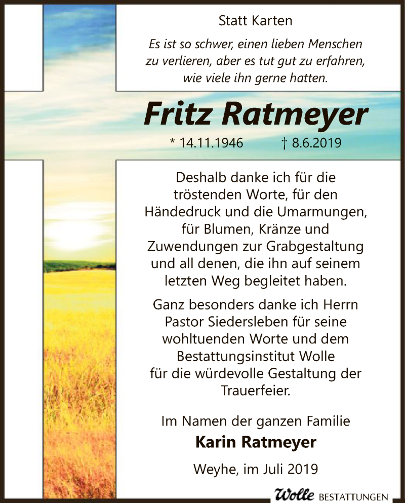  Traueranzeige für Fritz Ratmeyer vom 20.07.2019 aus SYK