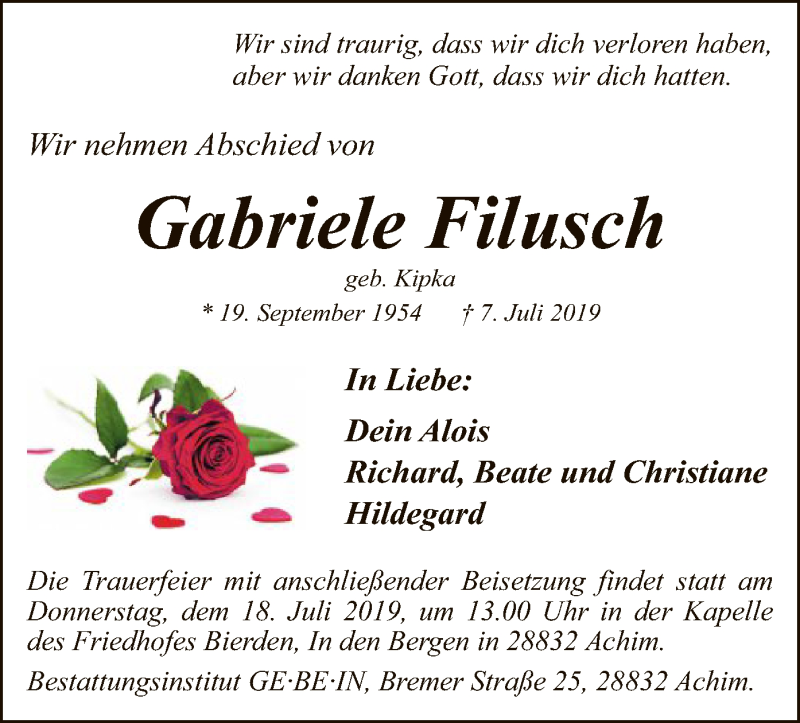  Traueranzeige für Gabriele Filusch vom 13.07.2019 aus SYK