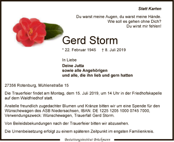 Traueranzeige von Gerd Storm von SYK