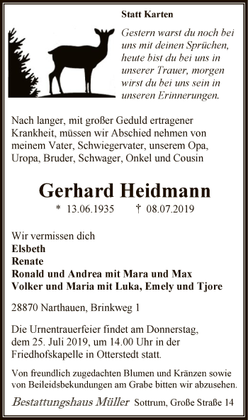 Traueranzeige von Gerhard Heidmann von SYK