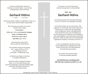 Traueranzeige von Gerhard Höhns von SYK