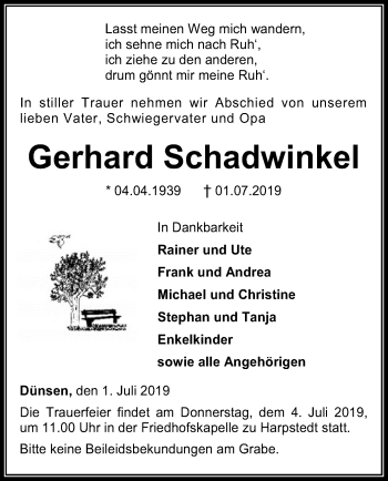 Traueranzeige von Gerhard Schadwinkel von SYK