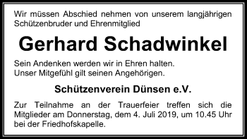 Traueranzeige von Gerhard Schadwinkel von SYK