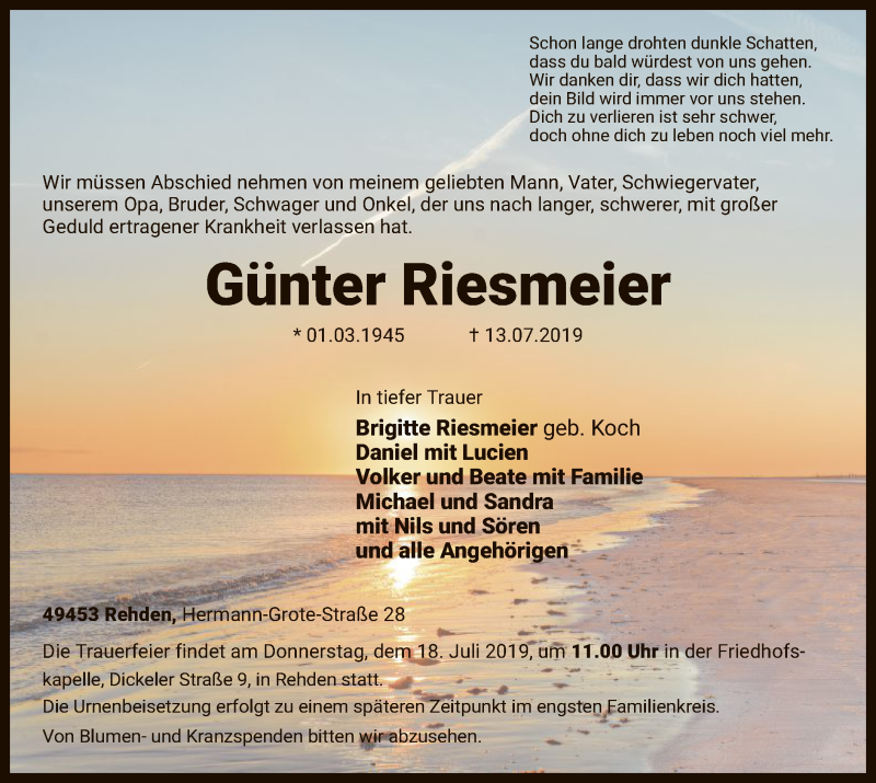  Traueranzeige für Günter Riesmeier vom 16.07.2019 aus SYK
