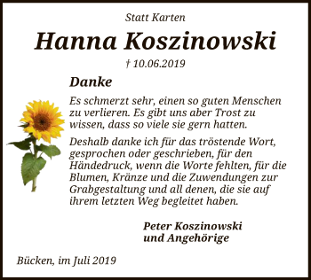 Traueranzeige von Hanna Koszinowski von SYK