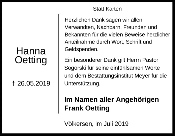 Traueranzeige von Hanna Oetting von SYK