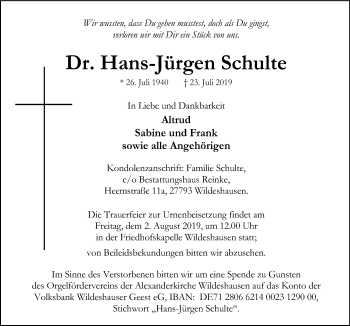 Traueranzeige von Hans-Jürgen Schulte von SYK