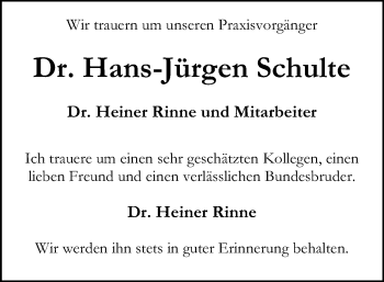 Traueranzeige von Hans-Jürgen Schulte von SYK