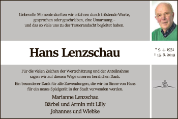 Traueranzeige von Hans Lenzschau von SYK