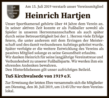 Traueranzeige von Heinrich Hartjen von SYK