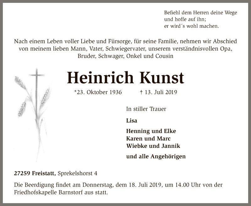  Traueranzeige für Heinrich Kunst vom 15.07.2019 aus SYK