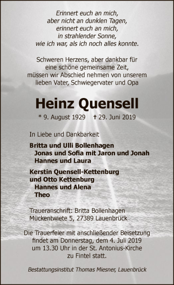 Traueranzeige von Heinz Quensell von SYK