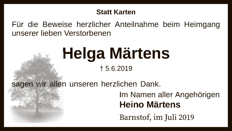  Traueranzeige für Helga Märtens vom 13.07.2019 aus SYK