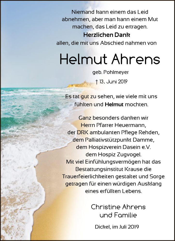  Traueranzeige für Helmut Ahrens vom 27.07.2019 aus SYK