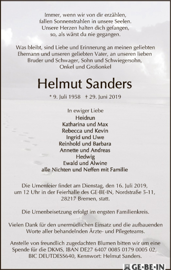 Traueranzeige von Helmut Sanders von SYK