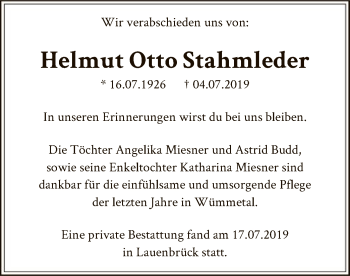 Traueranzeige von Helmut Otto Stahmleder von SYK