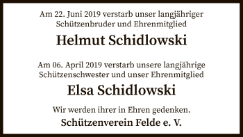 Traueranzeige von Helmut und Elsa Schidlowski von SYK