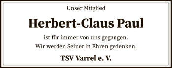 Traueranzeige von Herbert Claus Paul von SYK