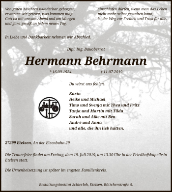 Traueranzeige von Hermann Behrmann von SYK