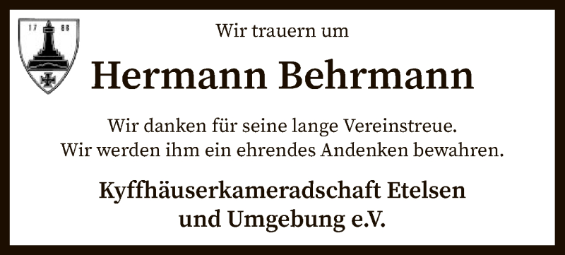  Traueranzeige für Hermann Behrmann vom 16.07.2019 aus SYK