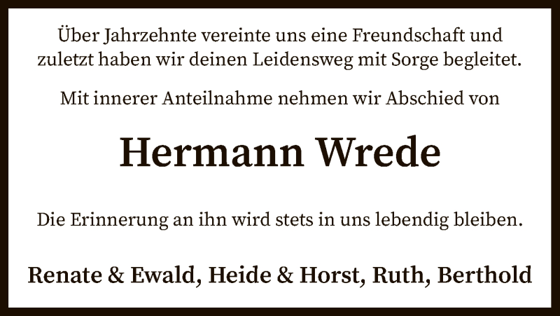  Traueranzeige für Hermann Wrede vom 09.07.2019 aus SYK