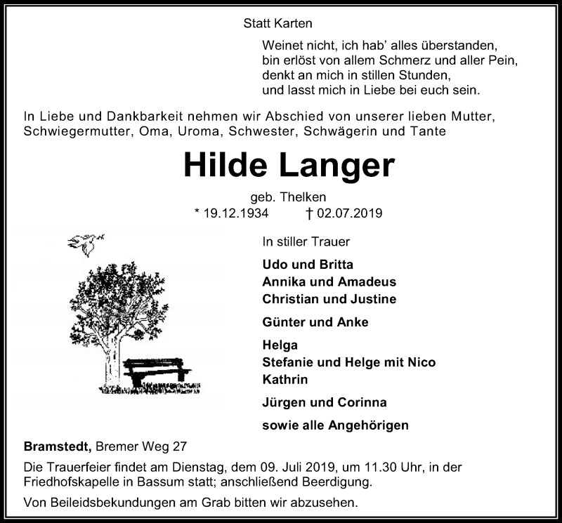  Traueranzeige für Hilde Langer vom 05.07.2019 aus SYK