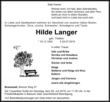 Traueranzeige von Hilde Langer von SYK