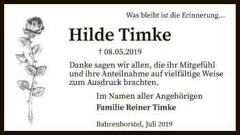 Traueranzeige von Hilde Timke von SYK