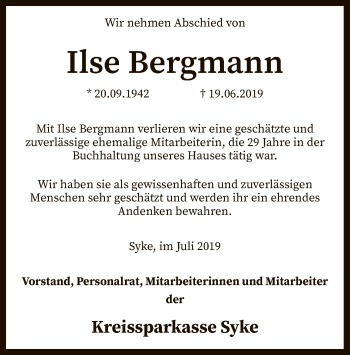 Traueranzeige von Ilse Bergmann von SYK