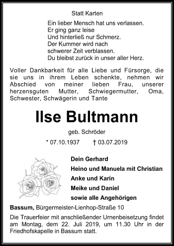 Traueranzeige von Ilse Bultmann von SYK