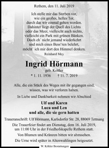 Traueranzeige von Ingrid Hörmann von SYK