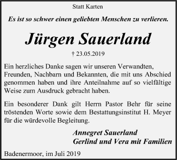 Traueranzeige von Jürgen Sauerland von SYK