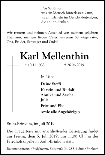 Traueranzeige von Karl Mellenthin von SYK