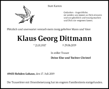 Traueranzeige von Klaus Georg Dittmann von SYK